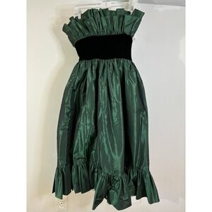 VTG VICTOR COSTA Green Taffeta & Velvet Tea Length Dress 10 80's Ruffles Holiday